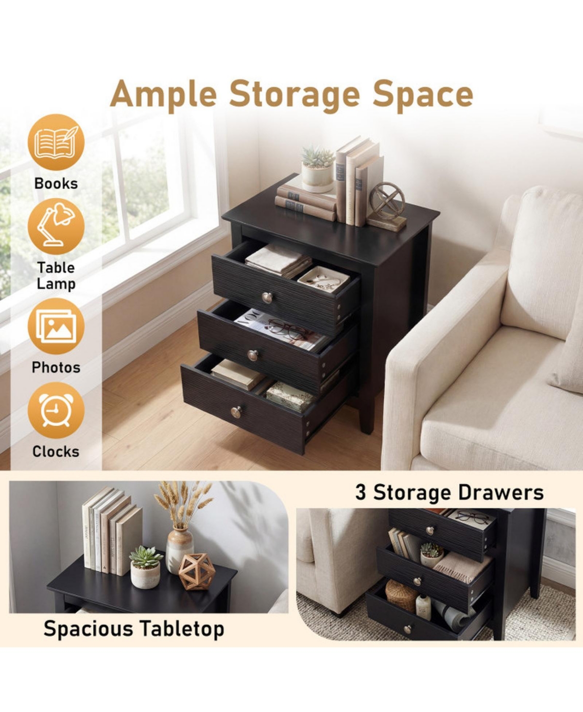 Sugift Modern Farmhouse 3-Drawer Nightstand Set of 2 with Wood Grain Accents