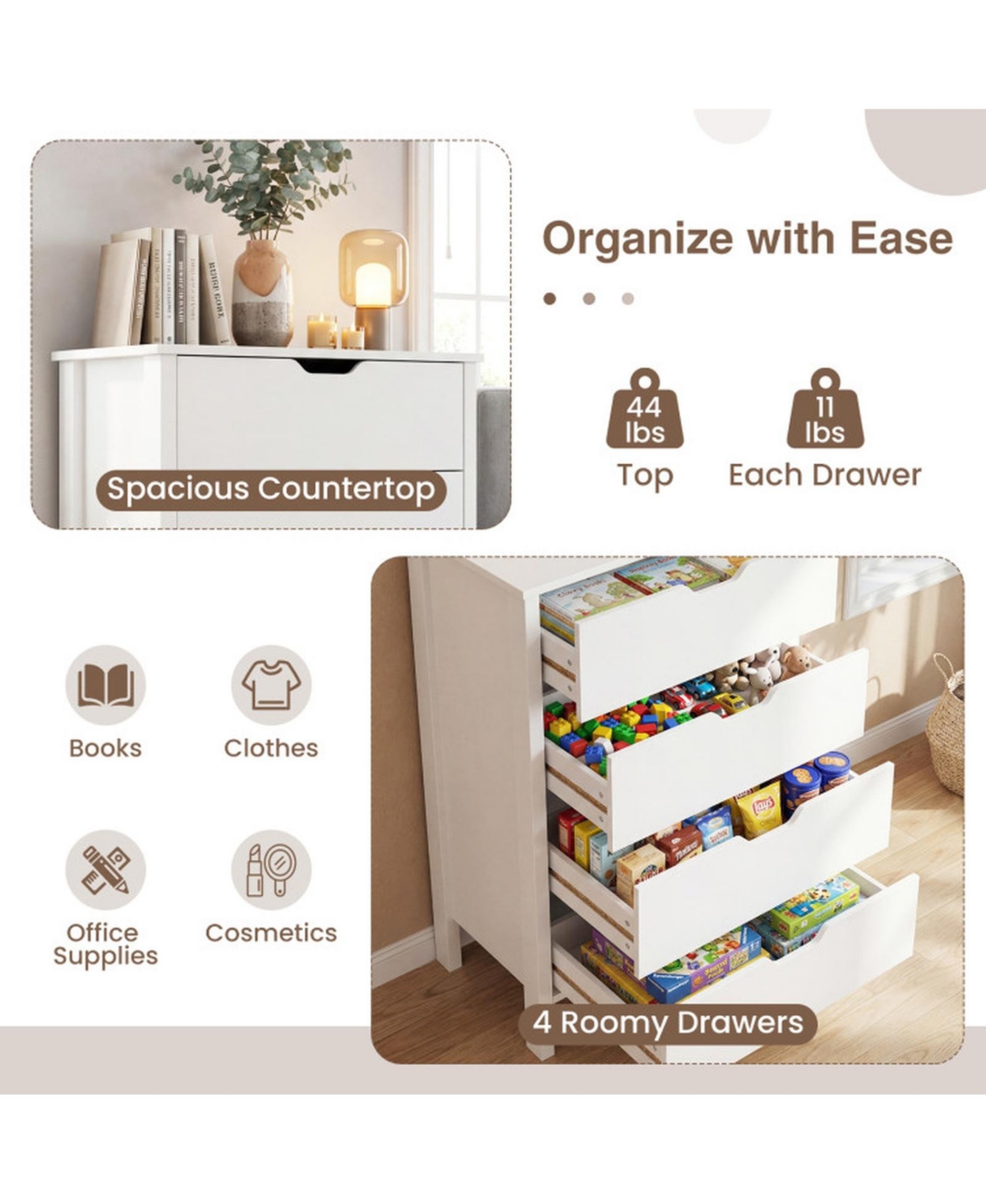 Sugift Minimalist 4-Drawer Dresser for Bedroom with Cut-Out Handles and Anti-Tipping Kits