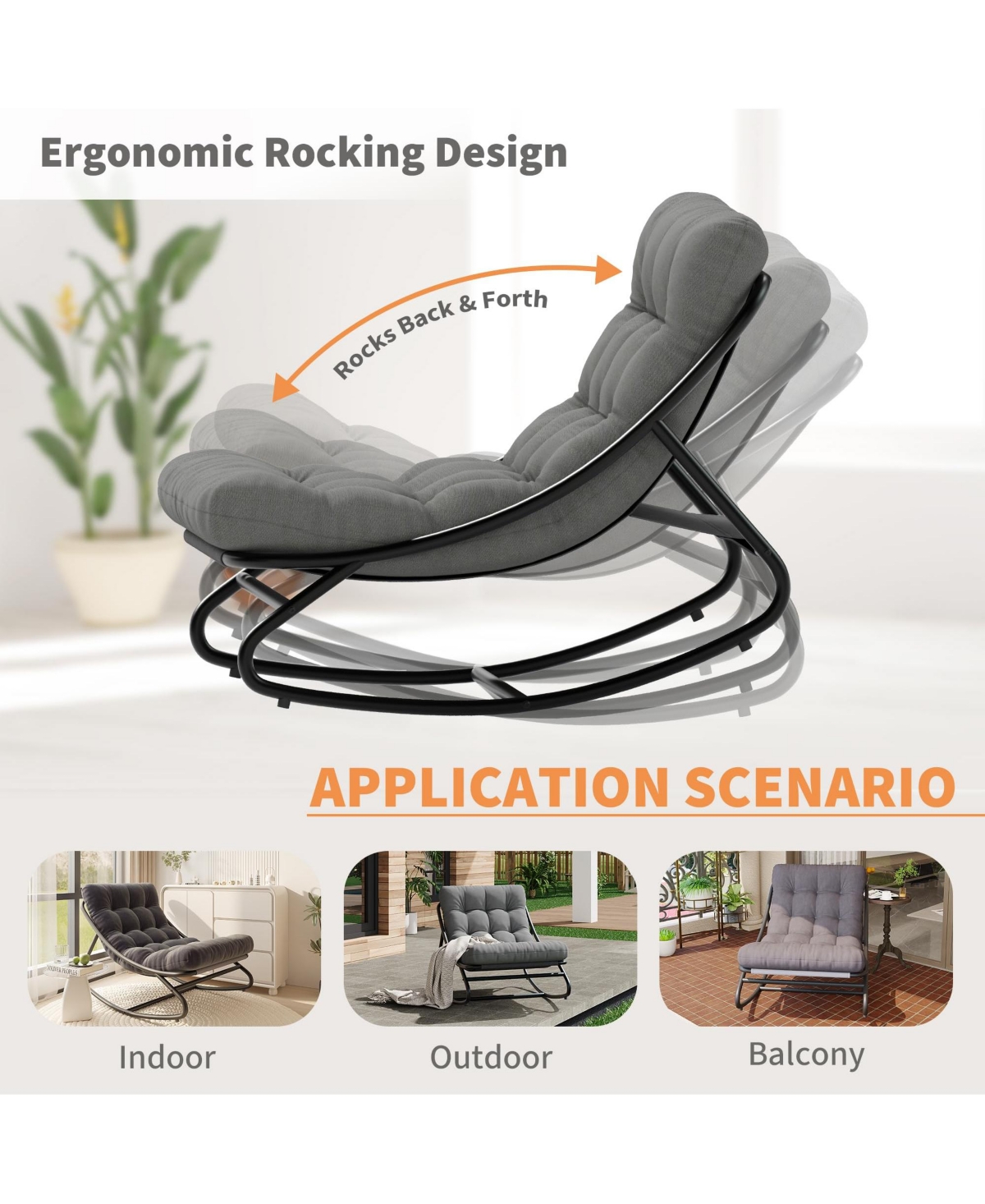 GarveeLife Papasan Rocking Chair with Cushion, Indoor Outdoor Metal Patio Rocker, Washable Cover