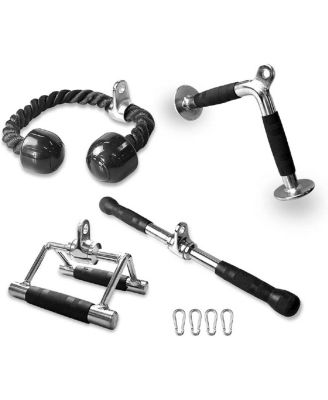 5-Piece Cable Machine Attachment Set with Triceps Rope, V Bar, Double D Handle, Lat Bar and Snap Hooks