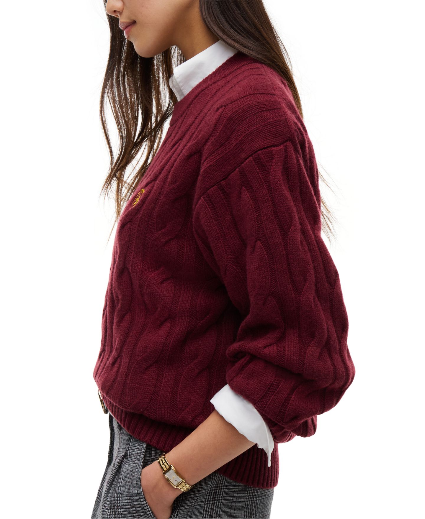 Женский свитер Tommy Hilfiger American Icons 100% Wool Cable-Knit Crewneck, цвет: Бордовый — фото 3