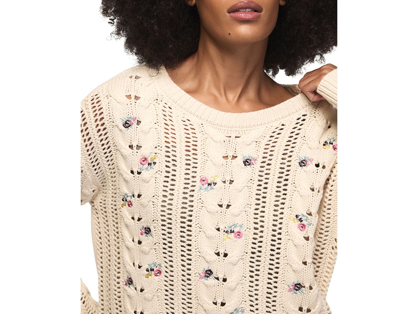 Женский свитер Lucky Brand Floral-Embroidered Cable-Knit Crewneck, цвет: Серый — фото 4