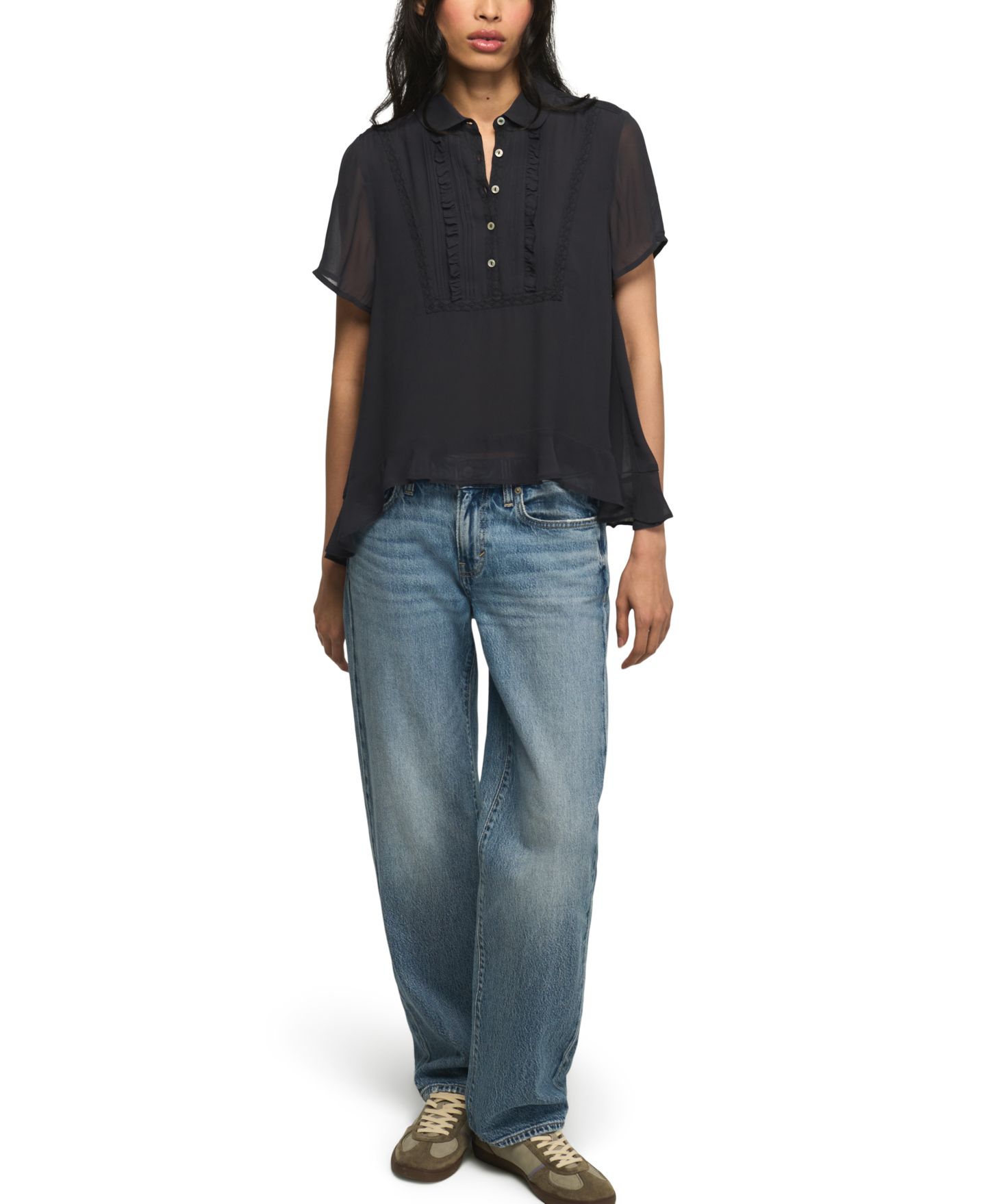Женская блузка Lucky Brand High-Low Ruffle Short-Sleeve Blouse, цвет: Чернильный — фото 2