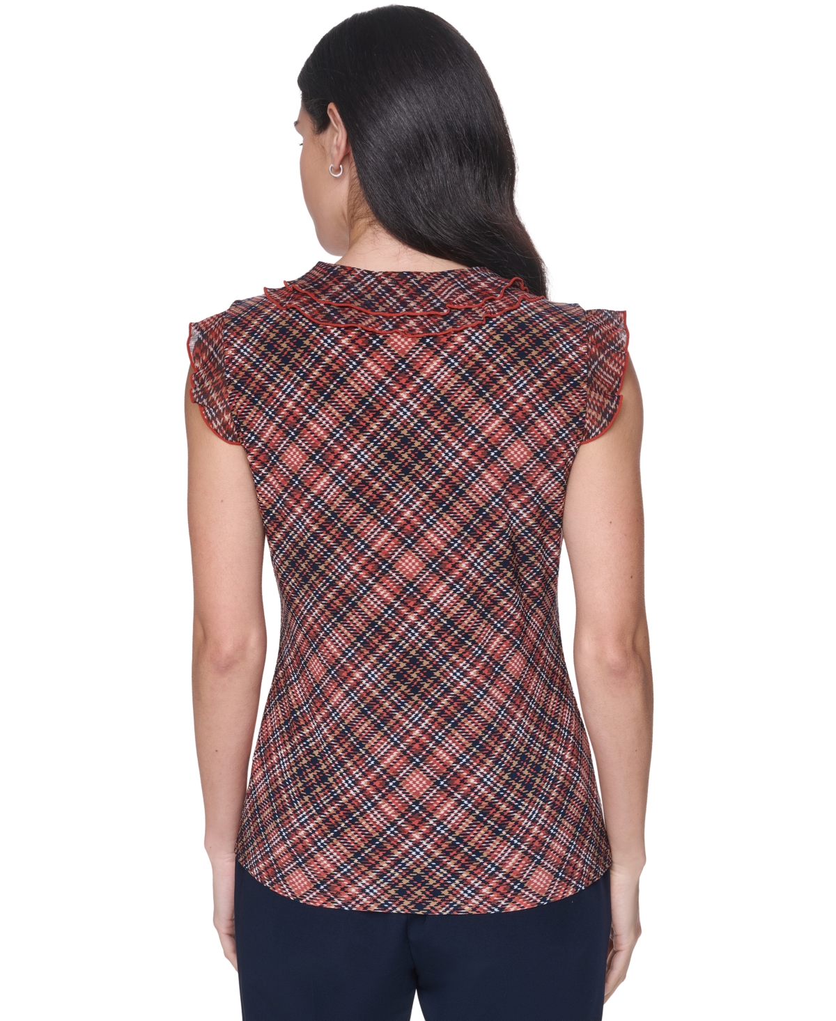 Tommy Hilfiger Women's V-Neck Plaid Ruffle Sleeveless Blouse