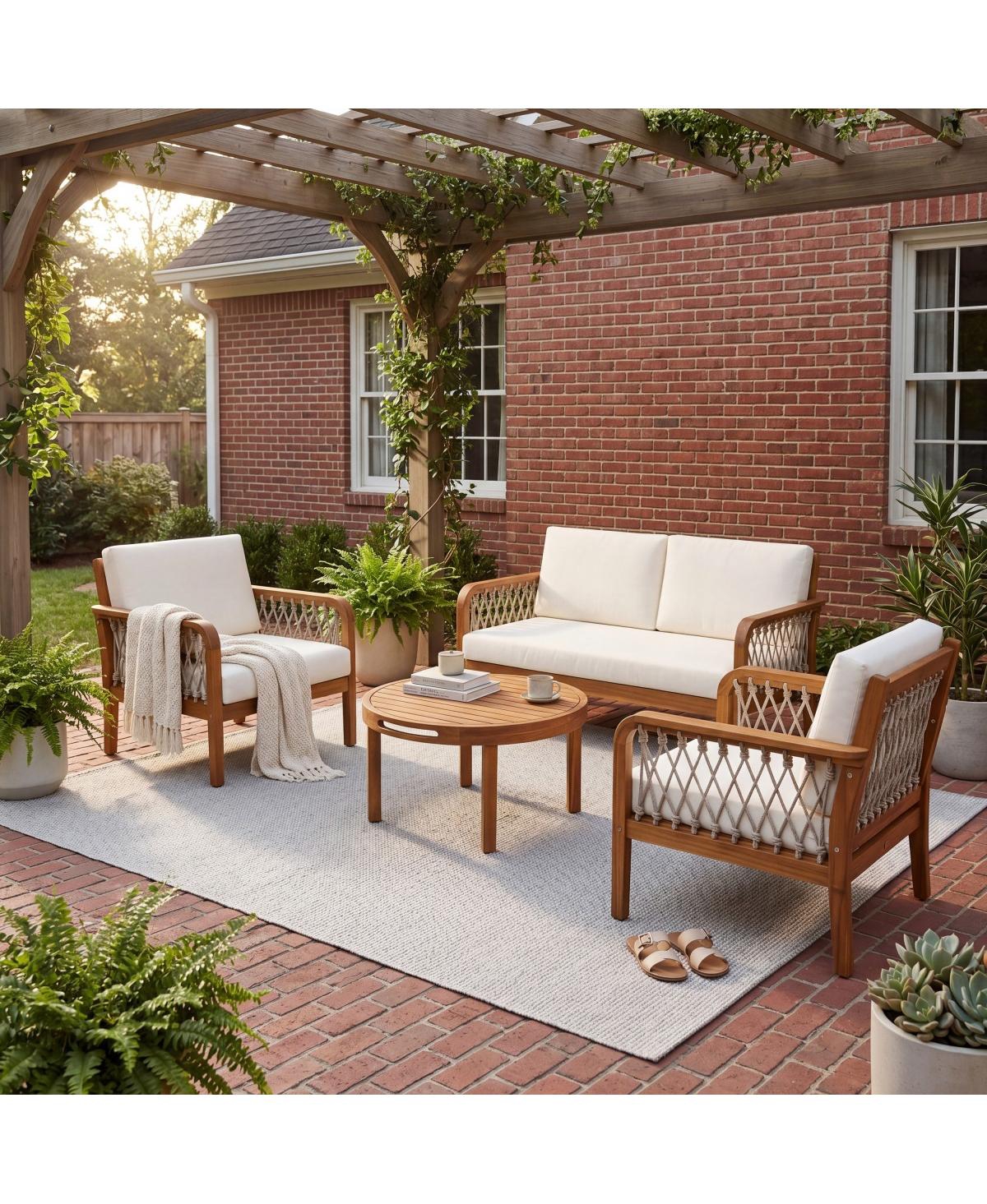Asagikoiai 4 Piece Acacia Wood Patio Conversation Set with Rope Armrests and Cushions
