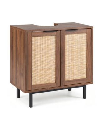 23.5 in x 12 in x 24 in Bathroom Vanity Cabinet with Rattan Doors, U-Shaped Cut-Out and Shelf