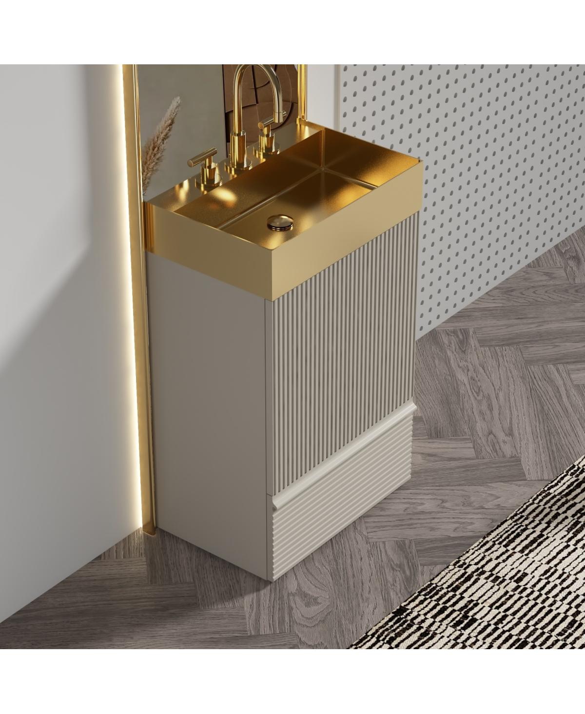 Sillysis Freestanding Bathroom Vanity with Gold Stainless Steel Sink, Modern Striped Cabinet, Soft Close Drawer for Small Spaces - Gray