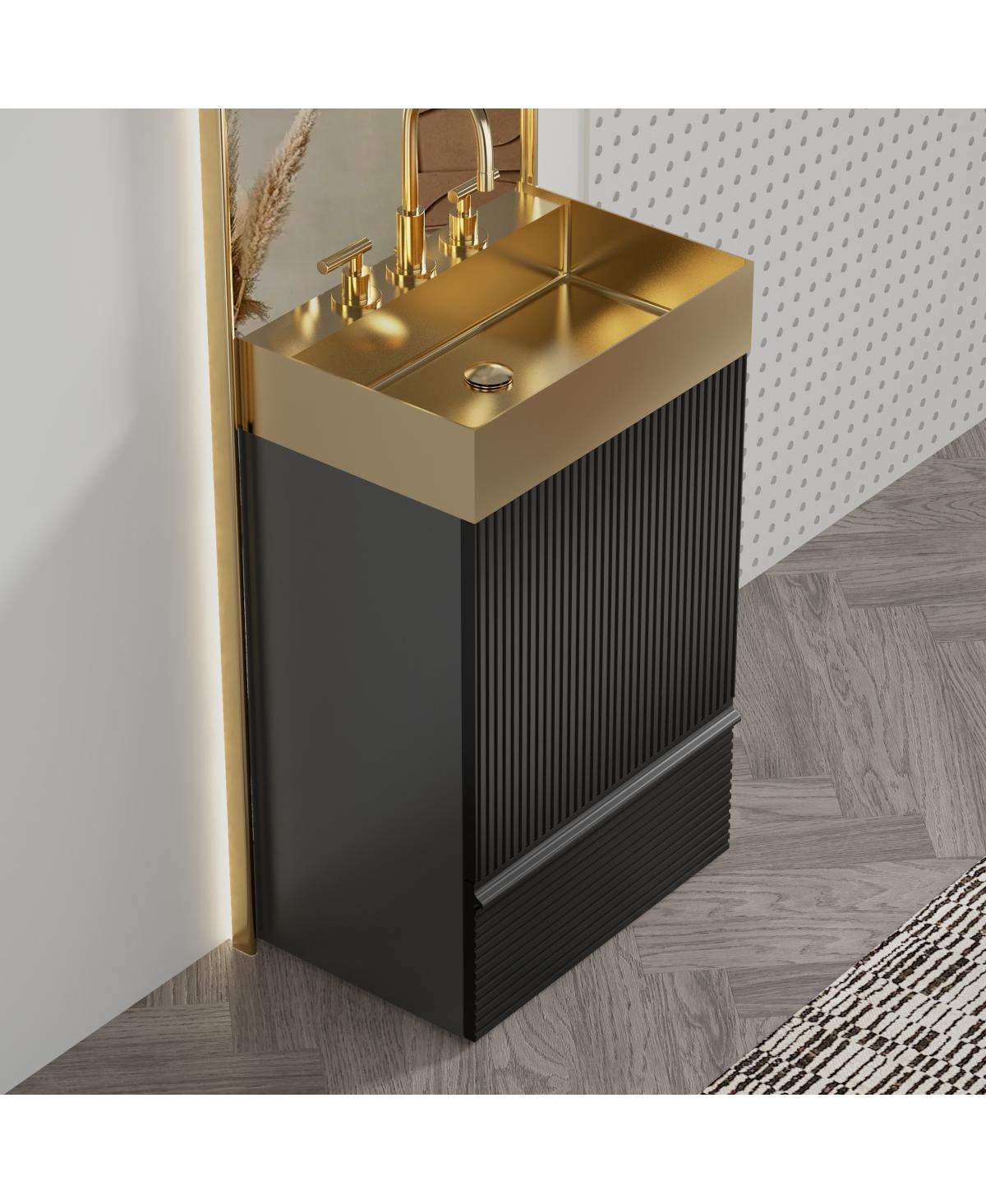 Sillysis Freestanding Bathroom Vanity with Gold Stainless Steel Sink, Modern Striped Cabinet, Soft Close Drawer for Small Spaces - Black
