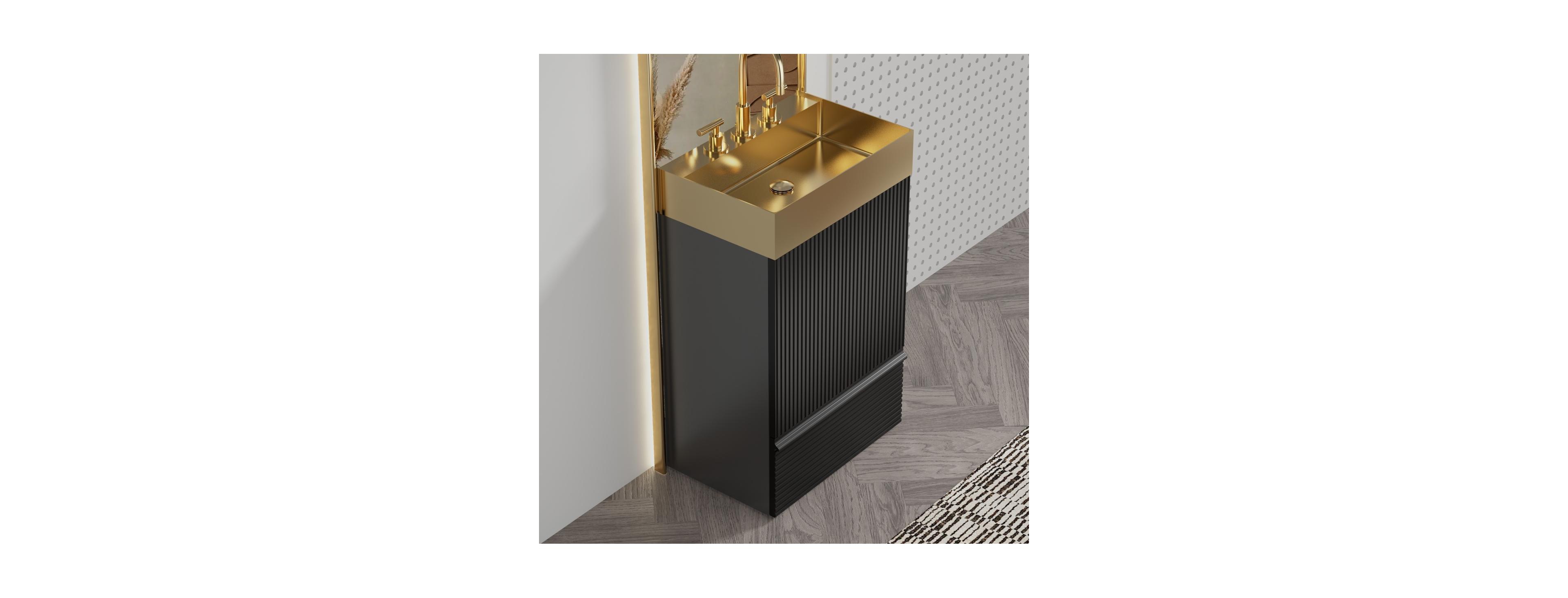 Sillysis Freestanding Bathroom Vanity with Gold Stainless Steel Sink, Modern Striped Cabinet, Soft Close Drawer for Small Spaces