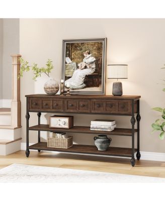 52" Console Table with 3 Drawers, Roman Column Entryway Table, Narrow Sofa Table Behind Couch, Industrial Hallway Table with Storage Shelf