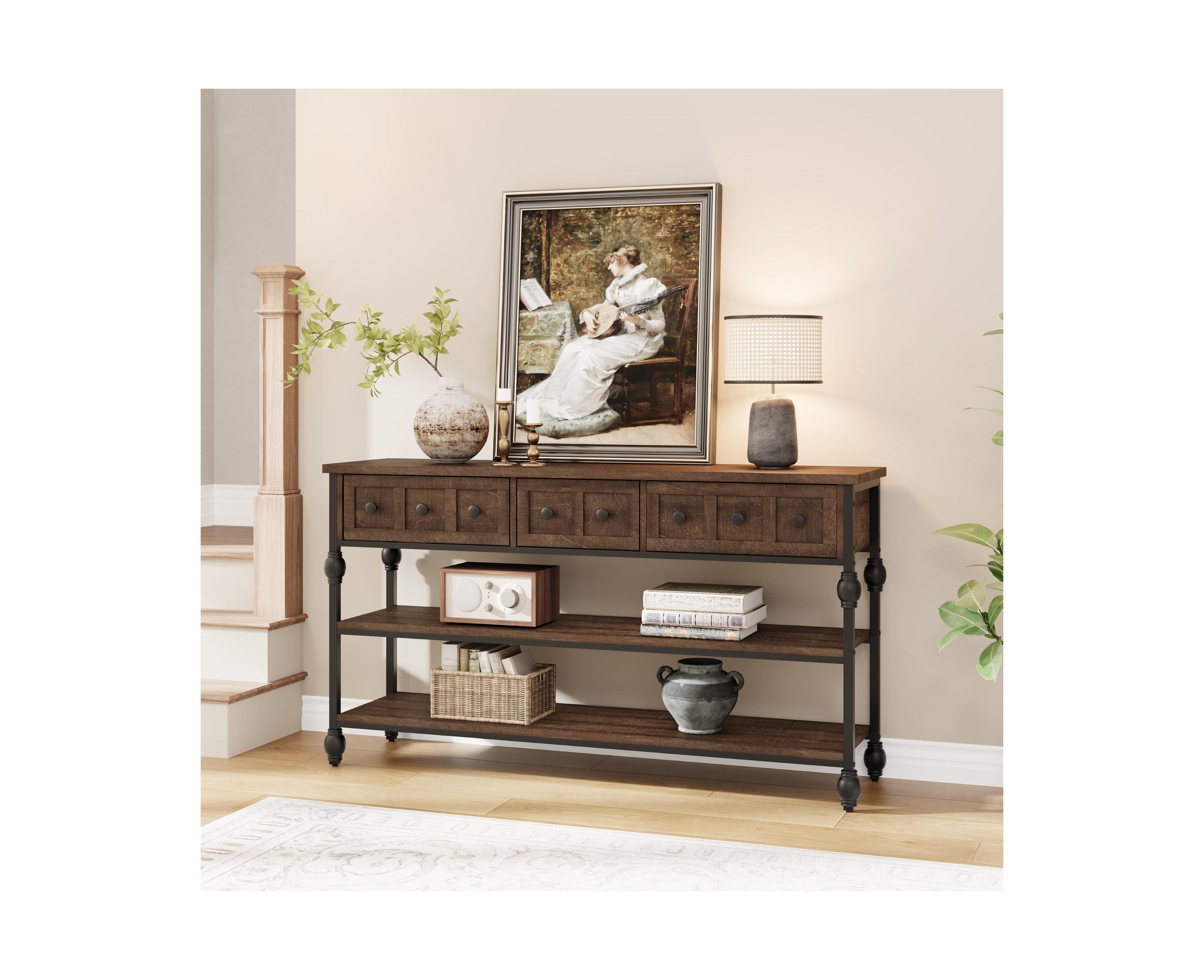 gaomon 52" Console Table with 3 Drawers, Roman Column Entryway Table, Narrow Sofa Table Behind Couch, Industrial Hallway Table with Storage Shelf