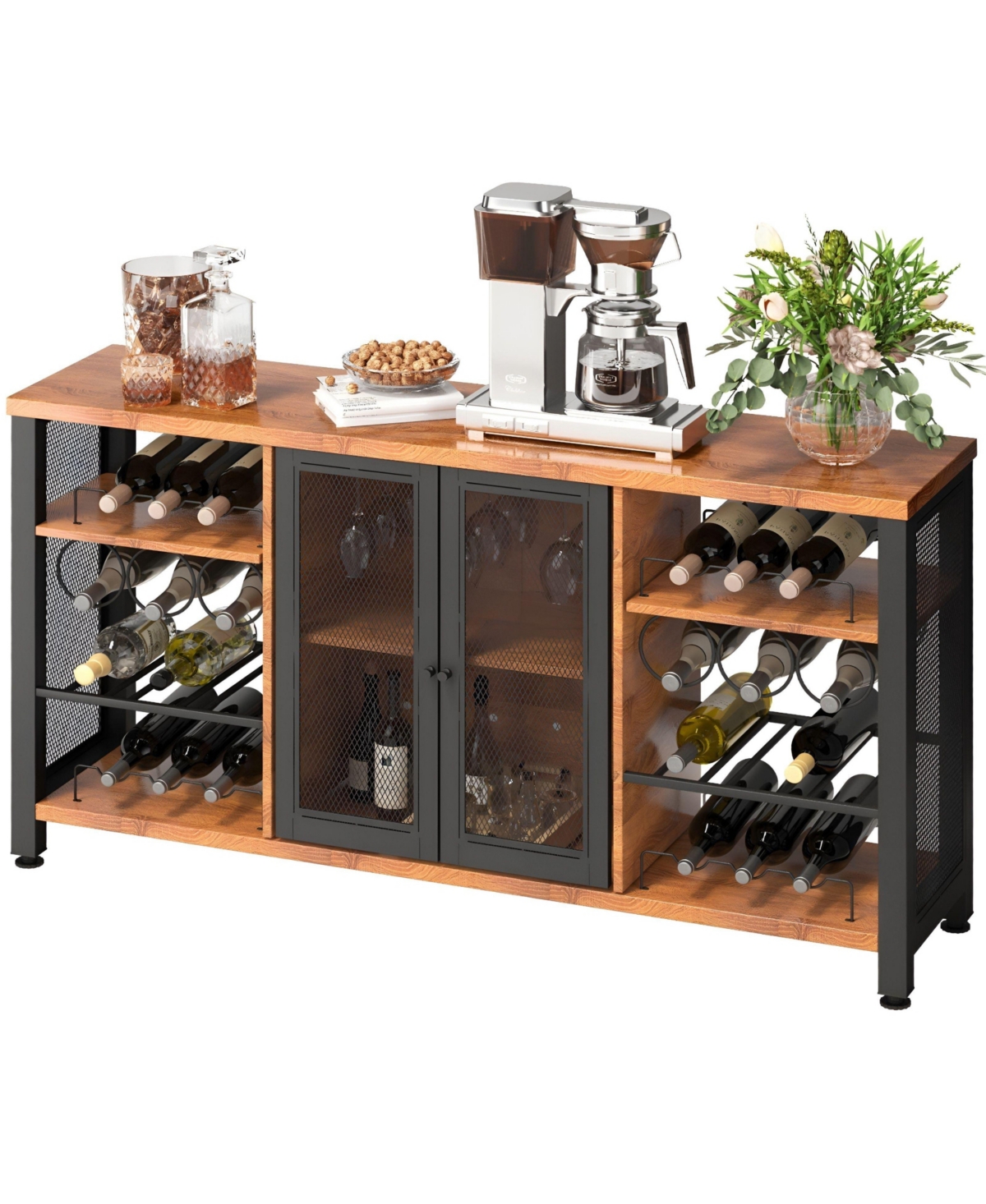 Slickblue Farmhouse Wine Bar Cabinet with Bottle Rack, Glass Storage Holders for Dining and Living Room