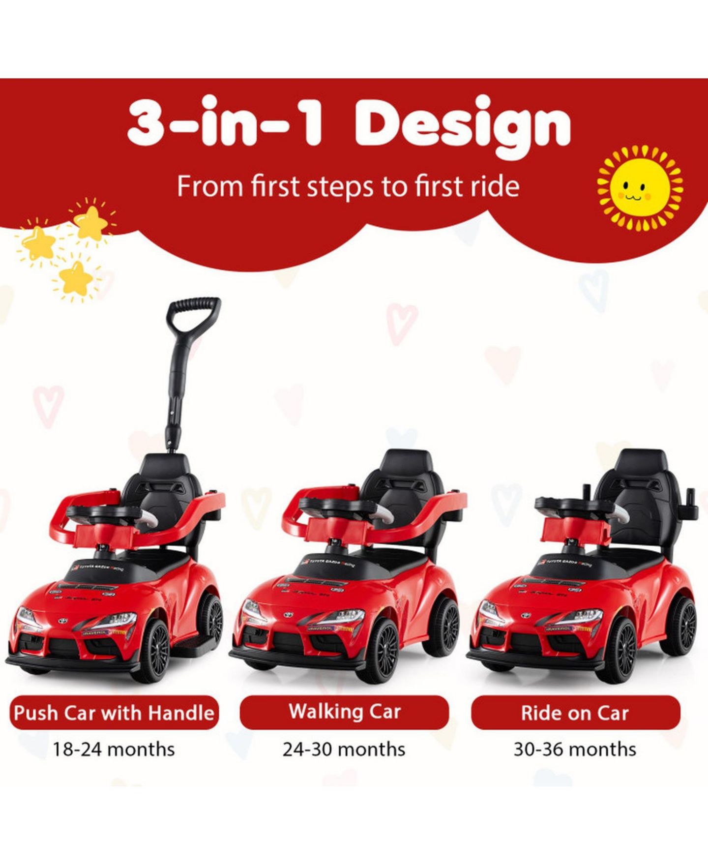 Детская игрушка HONGGE 3-in-1 Licensed Toddler Push Car with Parent Handle and Ride-On Modes, Ages 1.5-5, цвет: Красный — фото 5