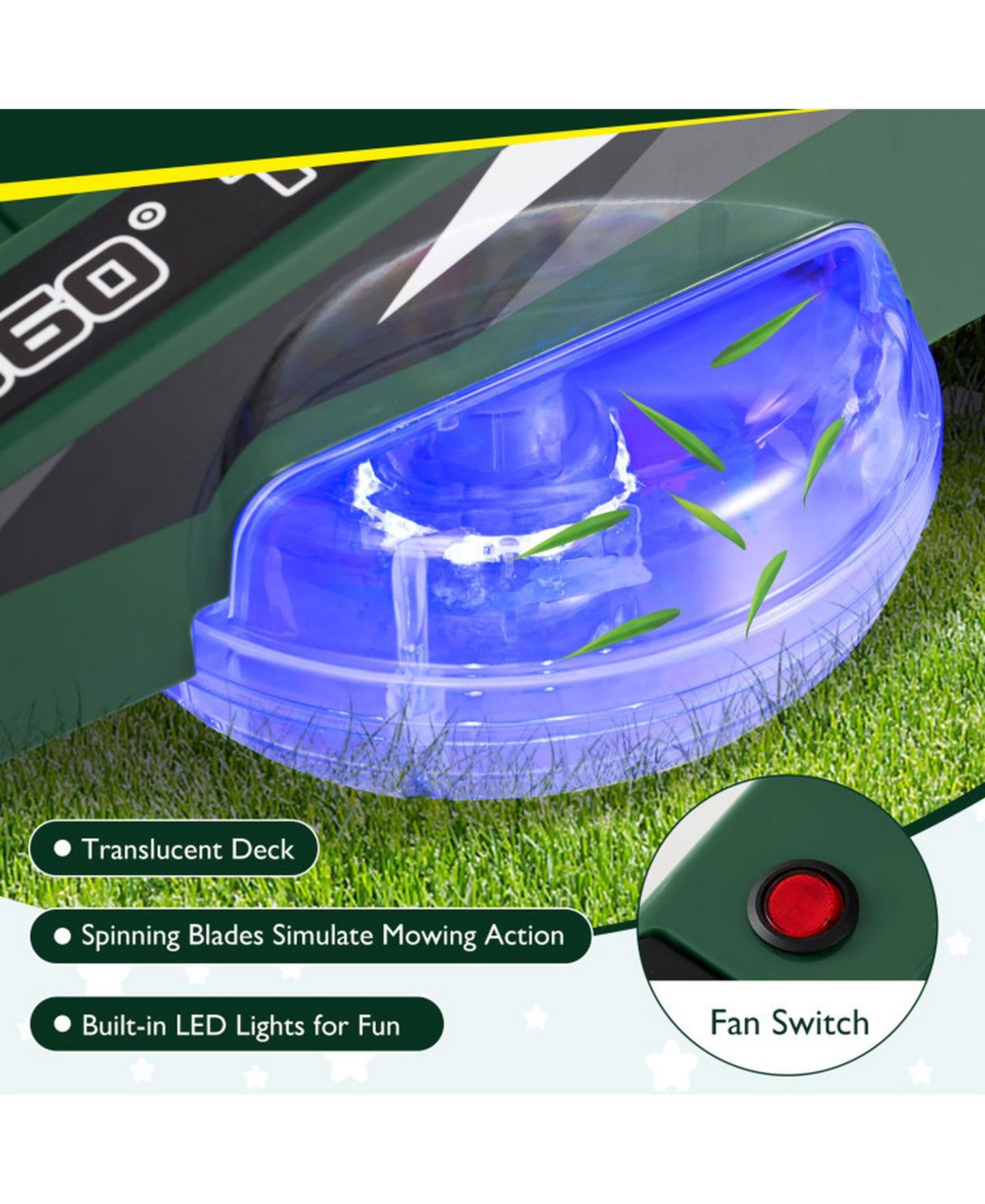 Детская игрушка HONGGE 12V Ride-On Mower with Spinning Blades and LED Lights, 77 lbs., Ages 3–8, цвет: Зелёный — фото 9