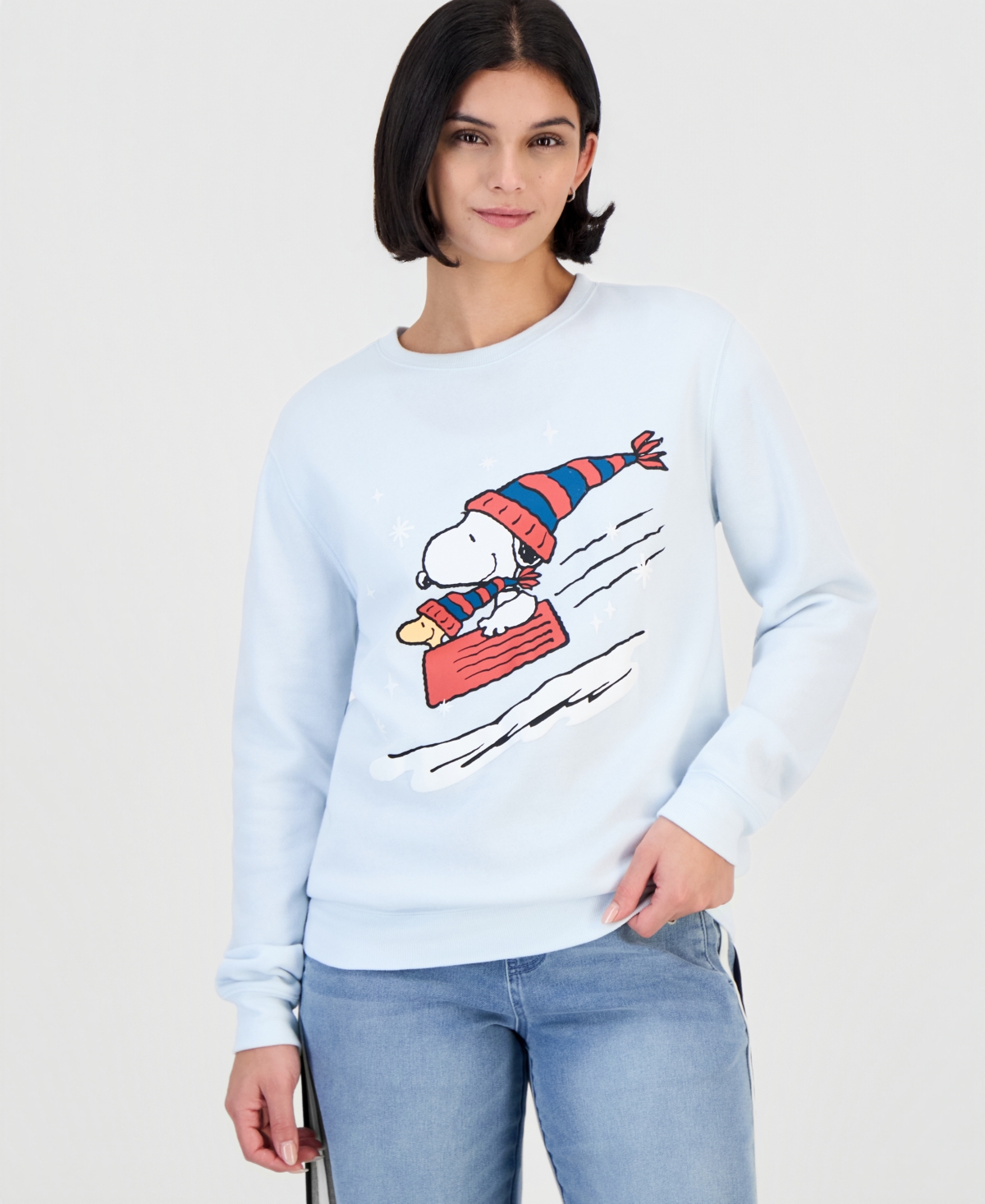 Juniors' Sled Snoopy Fleece Graphic Crewneck Sweatshirt
