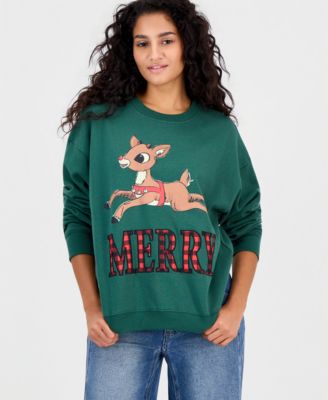 Juniors' Rudolph Plaid Merry Fleece Holiday Graphic Sweatshirt