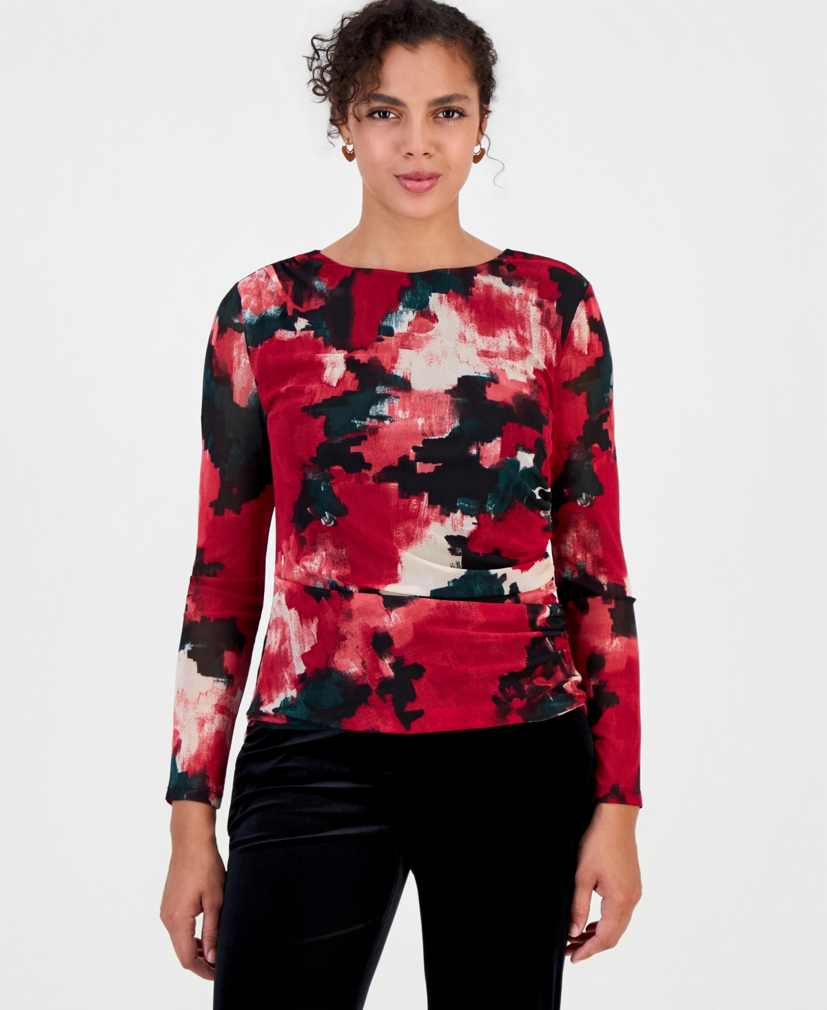 Bar Iii Women's Long-sleeve Crewneck Ruched Top, Macy's Exclusive In Pomegranate Multi