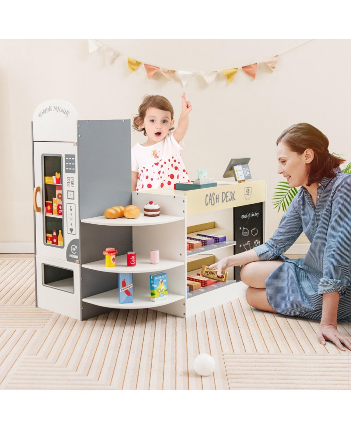 Sugift Wooden Market Stand with Cash Register & Vending Machine 13-Piece Playset, Ages 3+