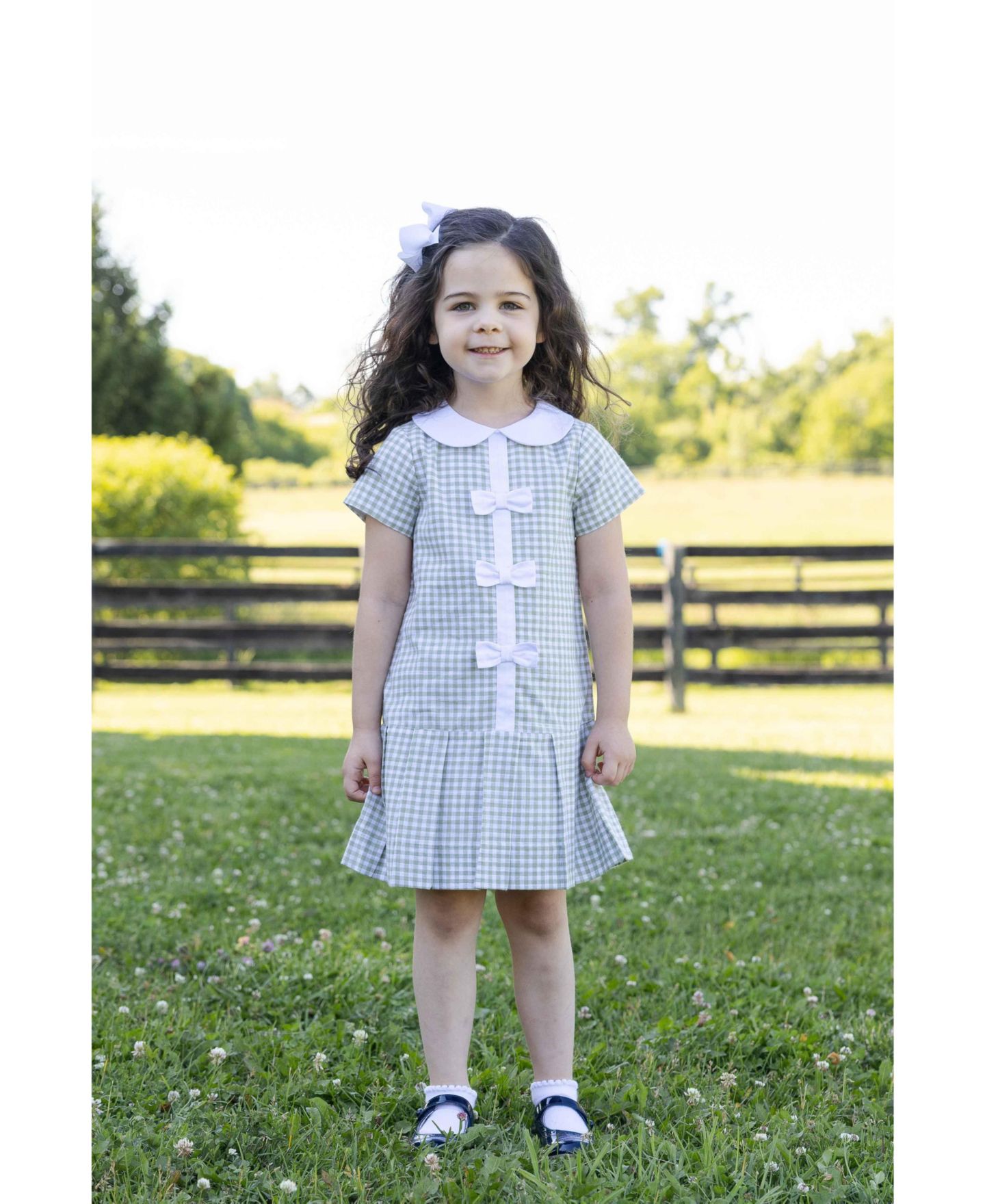 Платья Florence Eiseman Check Dress with Pleated Skirt And Bows для девочек, цвет: Шалфейный / Белый — фото 2