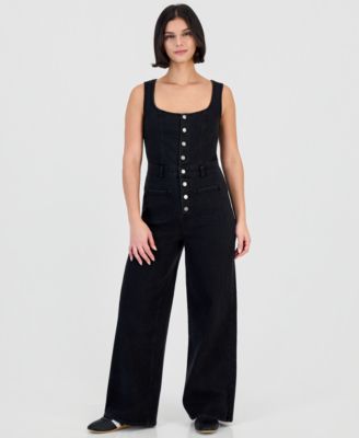 Women's Strapless Wide-Leg Rhinestone Denim Jumpsuit