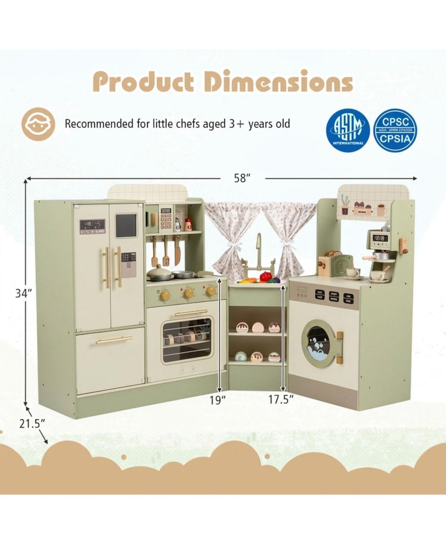 Детские игрушки SUGIFT Corner-Fit Wooden 21-Piece Play Kitchen, Ages 3+, цвет: Зелёный — фото 3