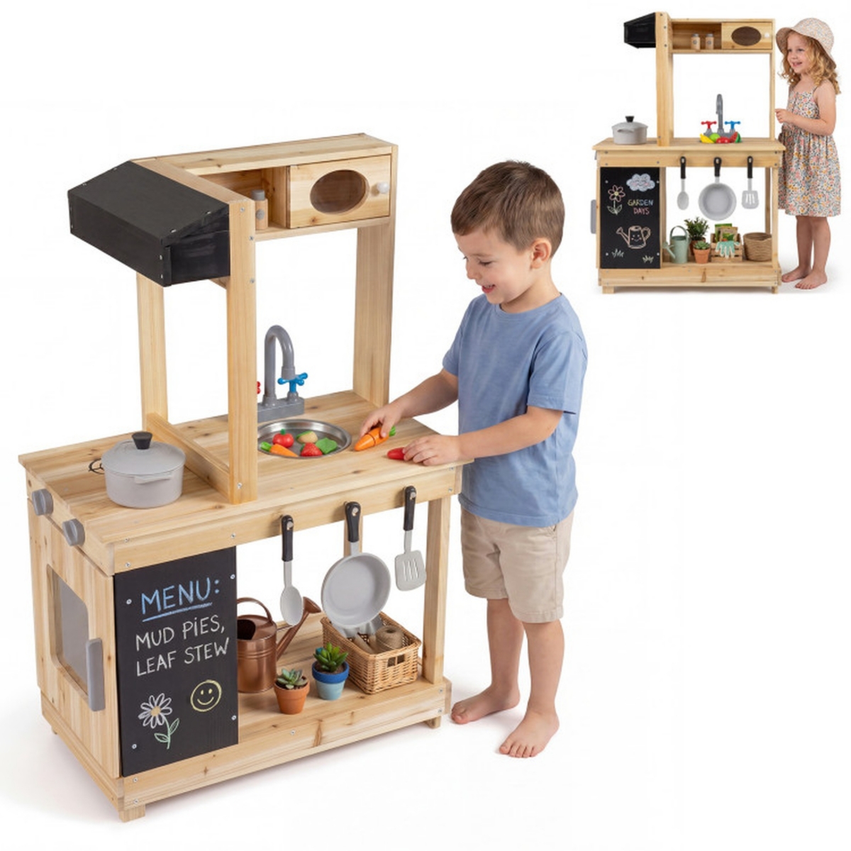 Sugift Kids Outdoor Mud Kitchen Fir Wood Play Station with Rotatable Stove Knobs and Chalkboard Ages 3 Plus