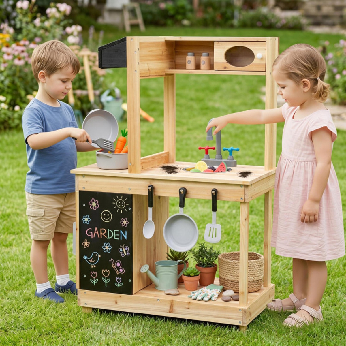 Sugift Kids Outdoor Mud Kitchen Fir Wood Play Station with Rotatable Stove Knobs and Chalkboard Ages 3 Plus