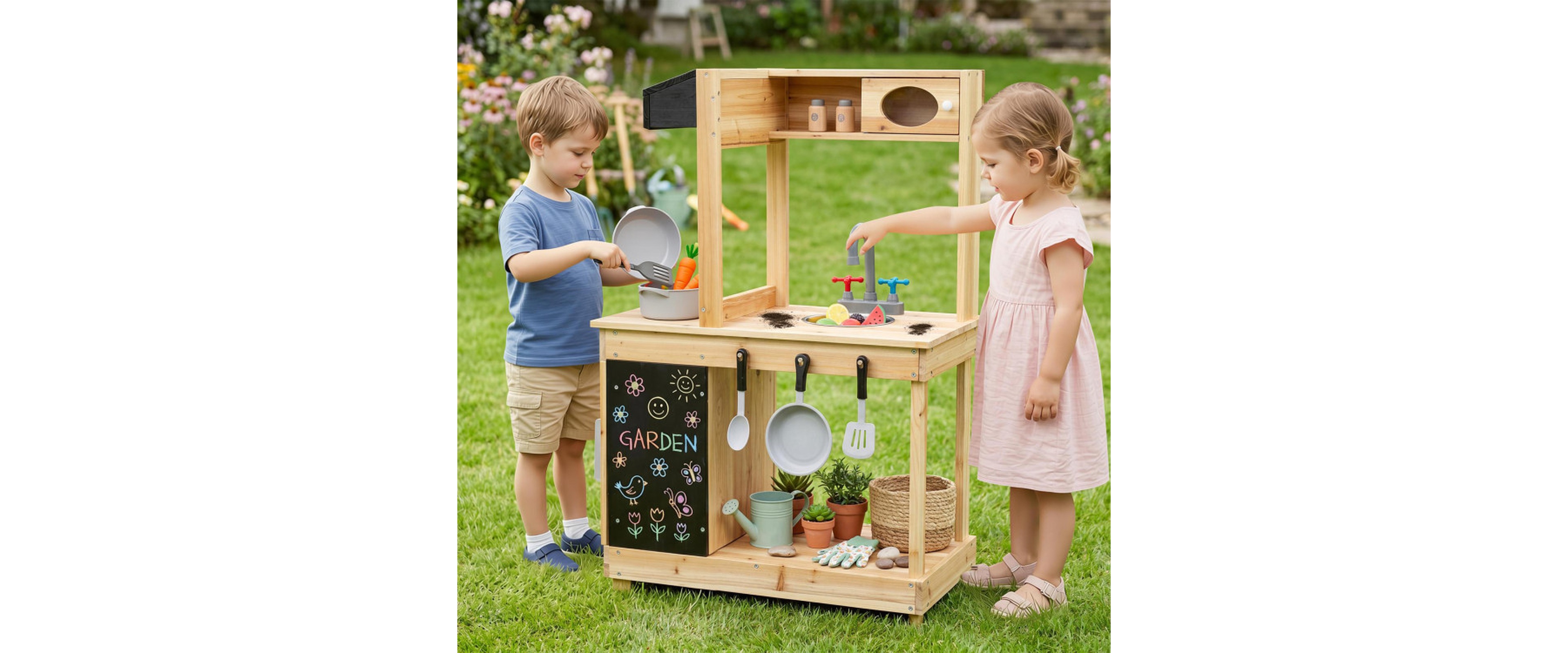 Sugift Kids Outdoor Mud Kitchen Fir Wood Play Station with Rotatable Stove Knobs and Chalkboard Ages 3 Plus