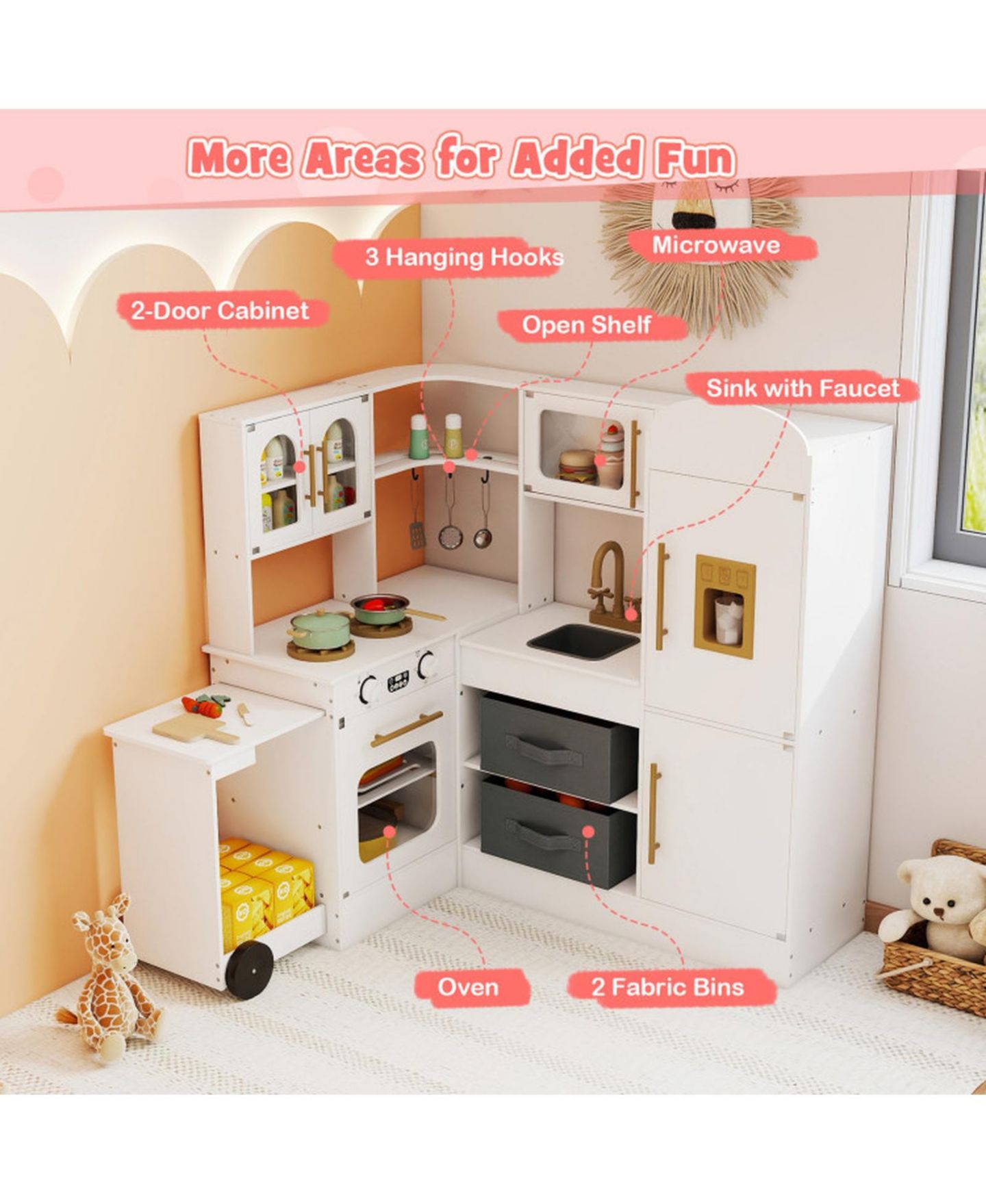 Детский игровой набор SUGIFT Corner Kitchen Playset with Retractable Countertop and Working Ice Maker, Ages 3+, цвет: Белый — фото 9