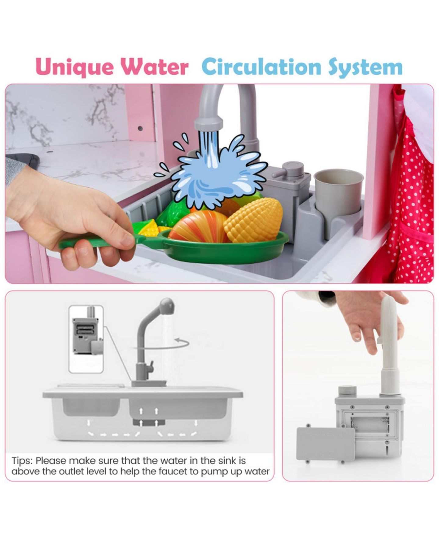 Детская игрушка SUGIFT Interactive Play Kitchen with Circulating Water Sink and Lights and Sounds, Ages 3+, цвет: Розовый — фото 6