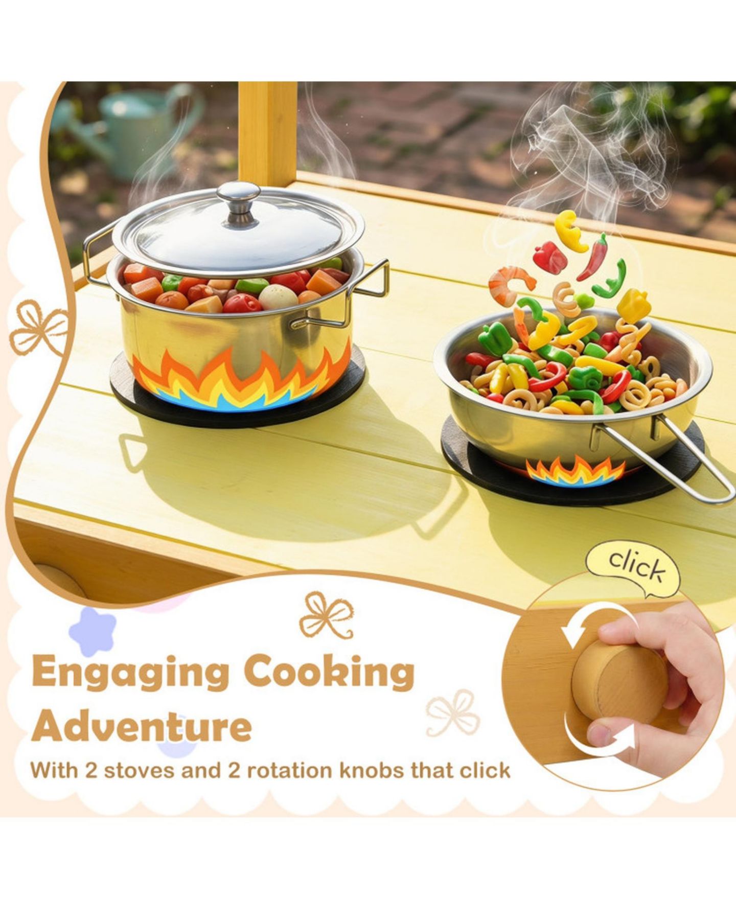 Детская игрушка SUGIFT Mobile Wooden Mud Kitchen with 3 Flowerpots and Cooking Accessories, Ages 3+, цвет: Жёлтый — фото 6