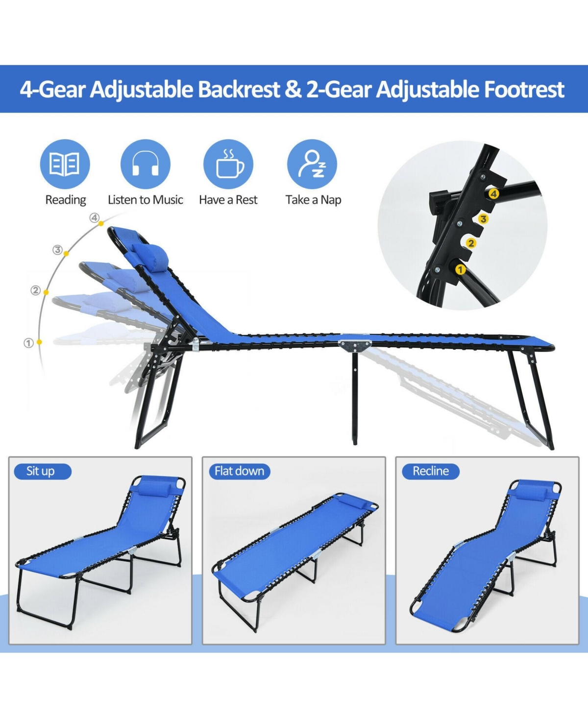 Mecale Foldable Reclining Lounge Chair with Adjustable Backrest