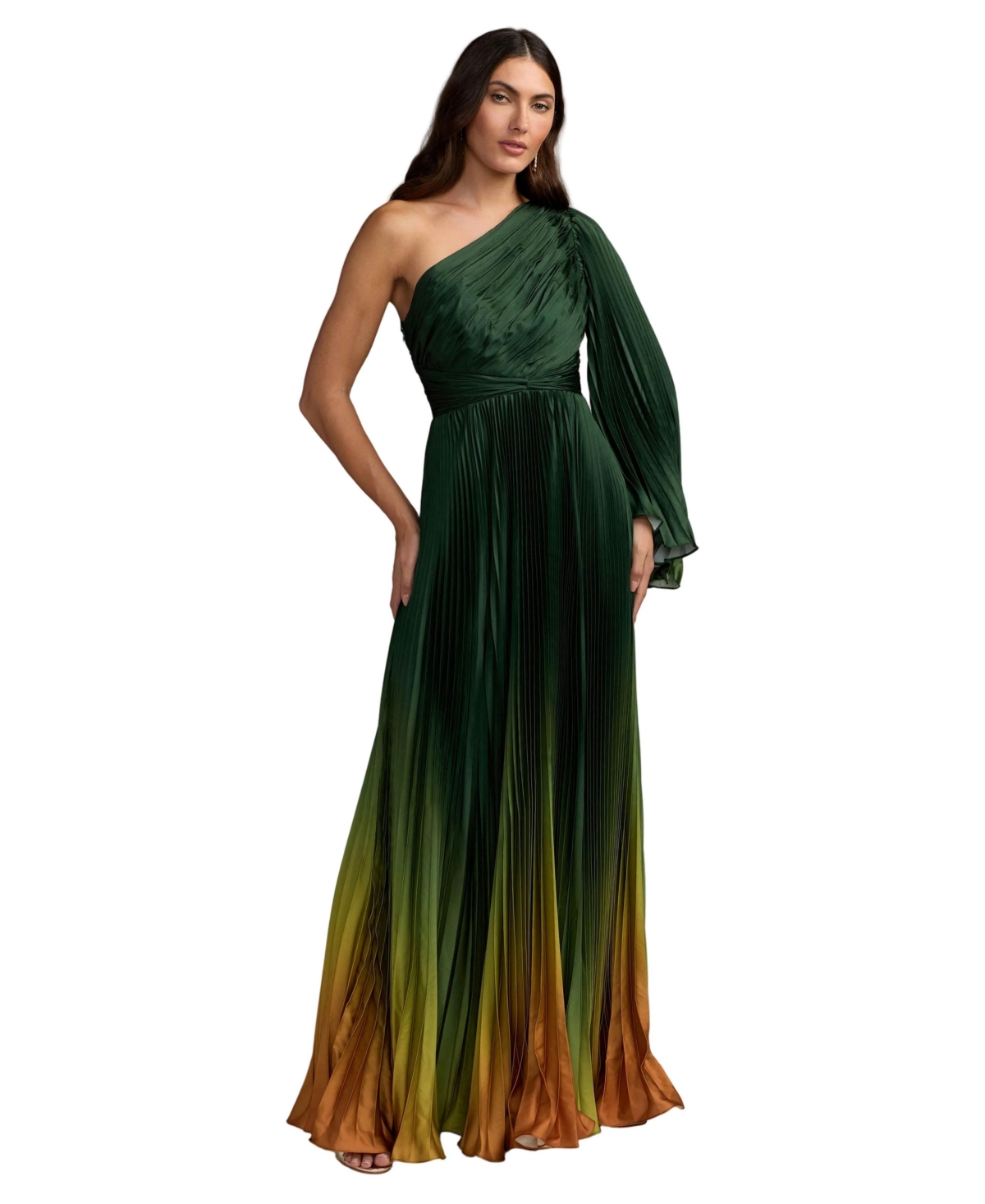 Mac Duggal Petite Pleated Charmeuse One-Shoulder Flare Sleeve Gown - Green ombre