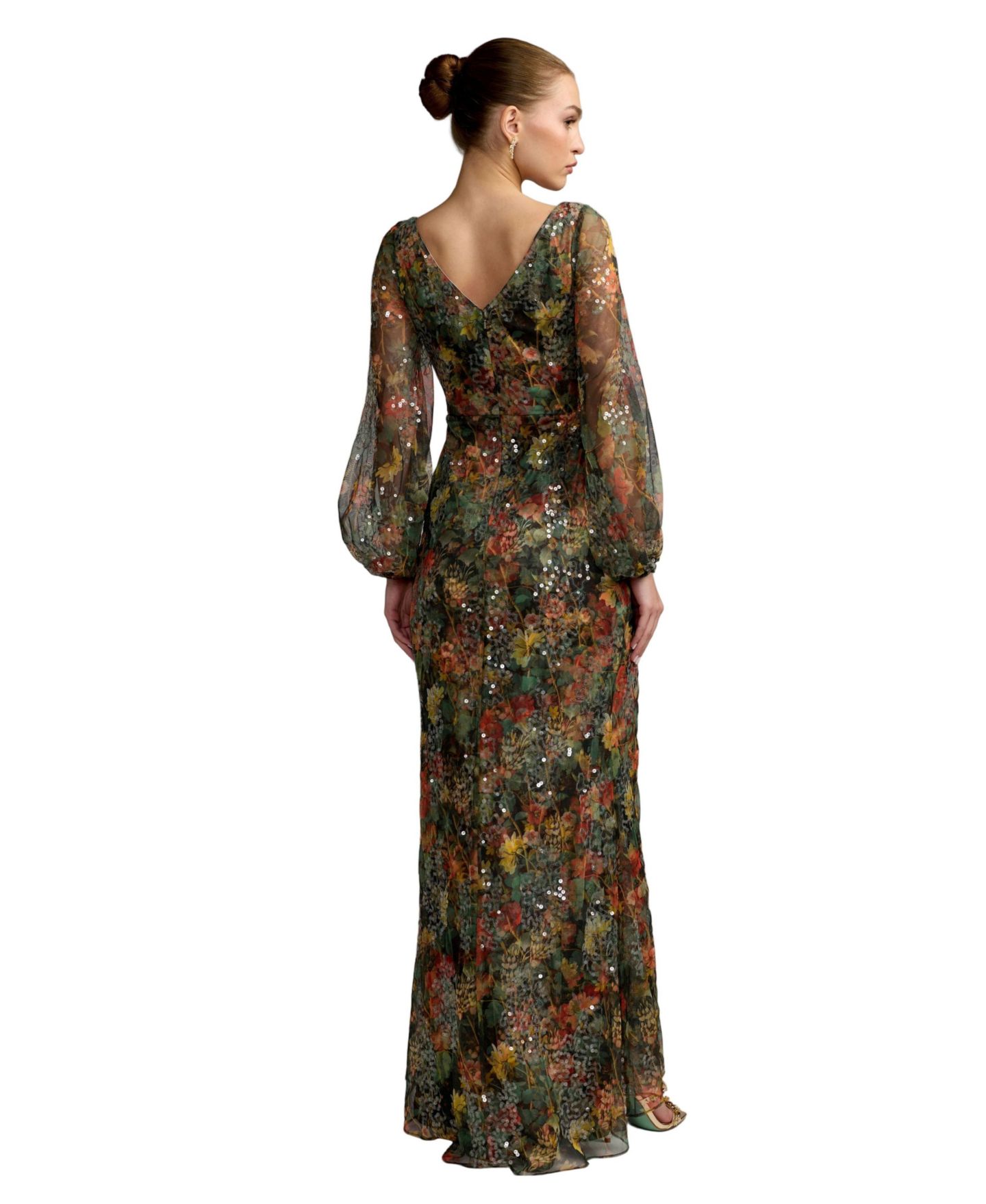 Женское платье Mac Duggal Floral Applique Sequined Puff Sleeve Gown, цвет: Угольный разноцветный — фото 2