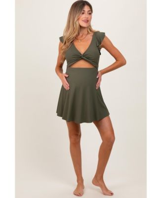 Women's Olive Ribbed Ruffle Twist Front Swim Dress