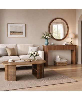 59"Fluted Console Table and 39" Oval Coffee Table 2-Piece Set, Walnut Engineered Wood Modern Furniture for Living Room and Entryway