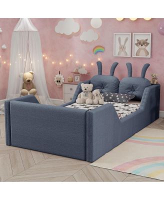  Twin Upholstered Platform Bed with Rabbit Cushion and Removable Side Rails