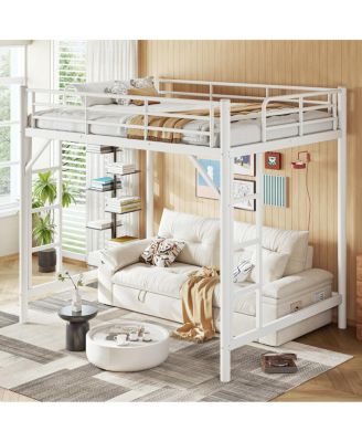  Full Size Metal Loft Bed with Ladder and Guardrails