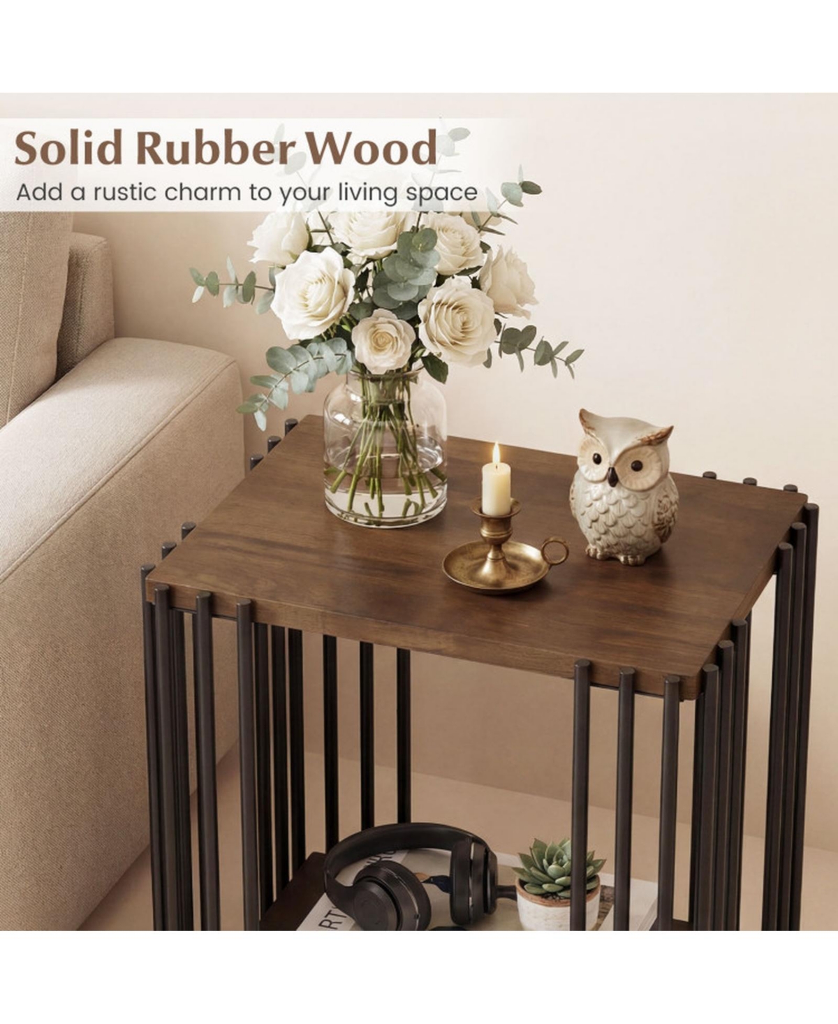 Sugift Rubber Wood End Table Set of 2 with 2-Tier Storage Shelves and Metal Frame