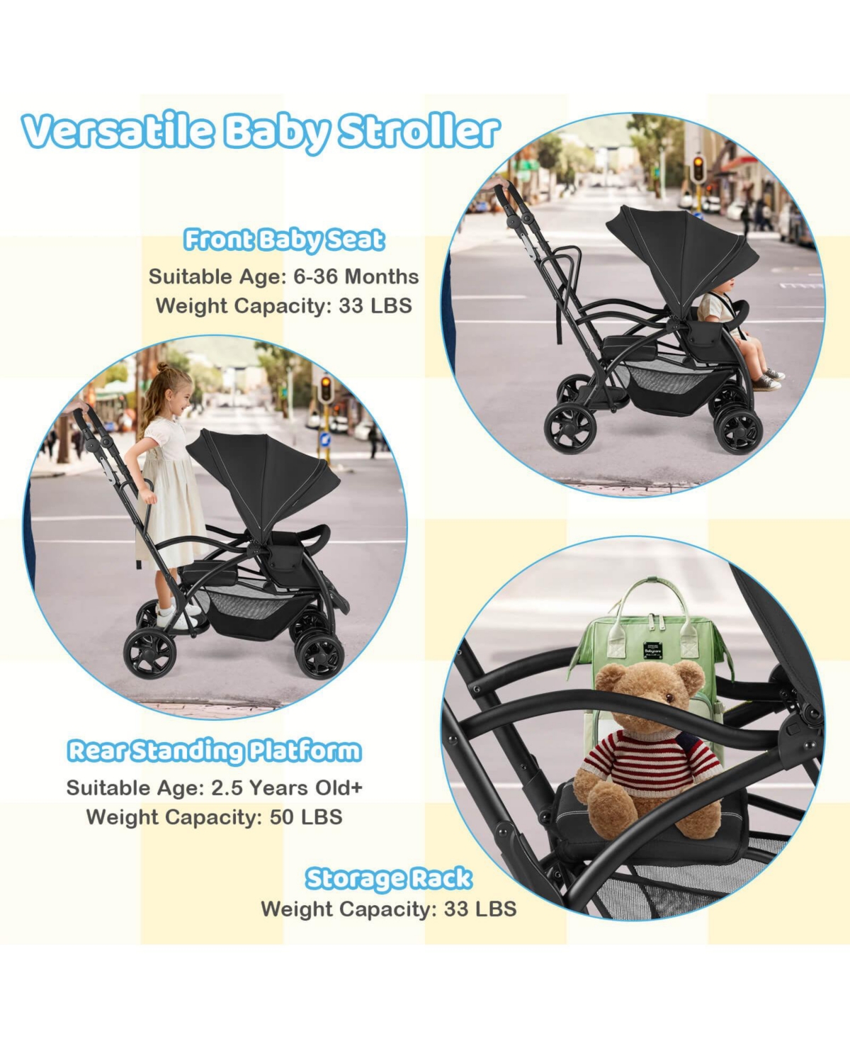 Costway Sit and Stand Double Stroller with Adjustable Handle Bar Backrests Footrest Canopies