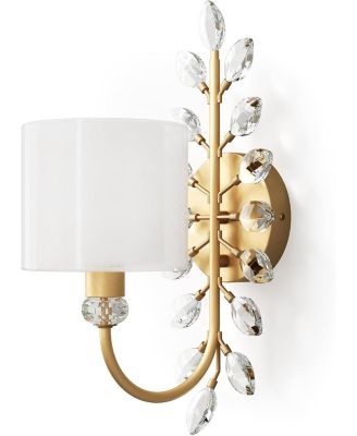  Wall Sconce with Crystal Leaves, Modern 1-Light Wall Light with Double-Layer Fabric Shade
