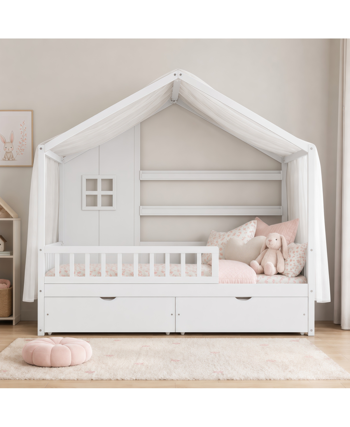 Streamdale Furniture Kids Twin Floor Bed with Roof, Curtains, Guardrails and 2 Drawers
