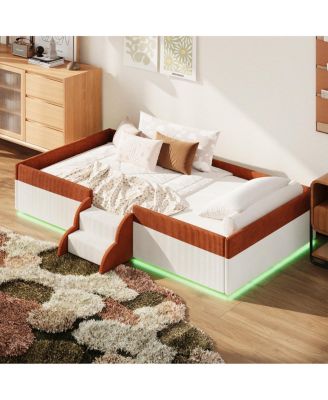  Twin Upholstered Floor Bed with Fence, Steps and LED Lights