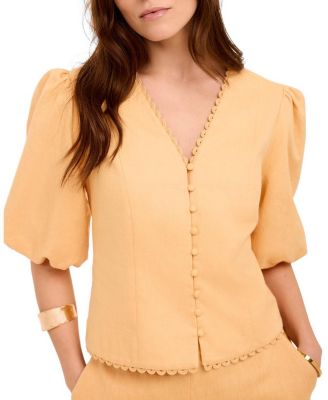 Women's V-Neck Short Puff-Sleeve Scalloped Edge Blouse