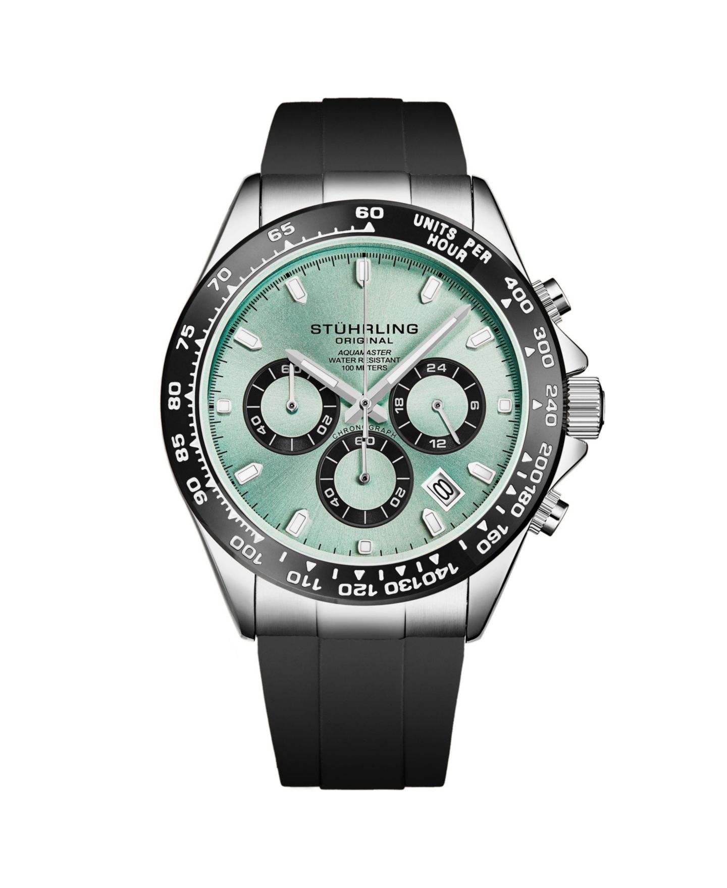 Мужские часы Stuhrling Aquamaster 4050 43mm VK63 Meca-Quartz Chronograph Watch, Ice Blue Sunray Dial, Black Tachymeter Bezel, Black Silicone Strap, 100M WR, цвет: Ледяной синий — фото 1