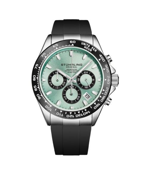 Мужские часы Stuhrling Aquamaster 4050 43mm VK63 Meca-Quartz Chronograph Watch, Ice Blue Sunray Dial, Black Tachymeter Bezel, Black Silicone Strap, 100M WR, цвет: Ледяной синий