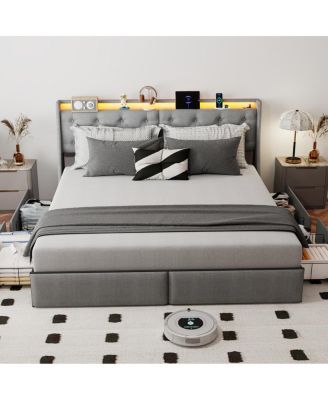  King Size LED Storage Bed Frame with 4 Drawers and Charging Station