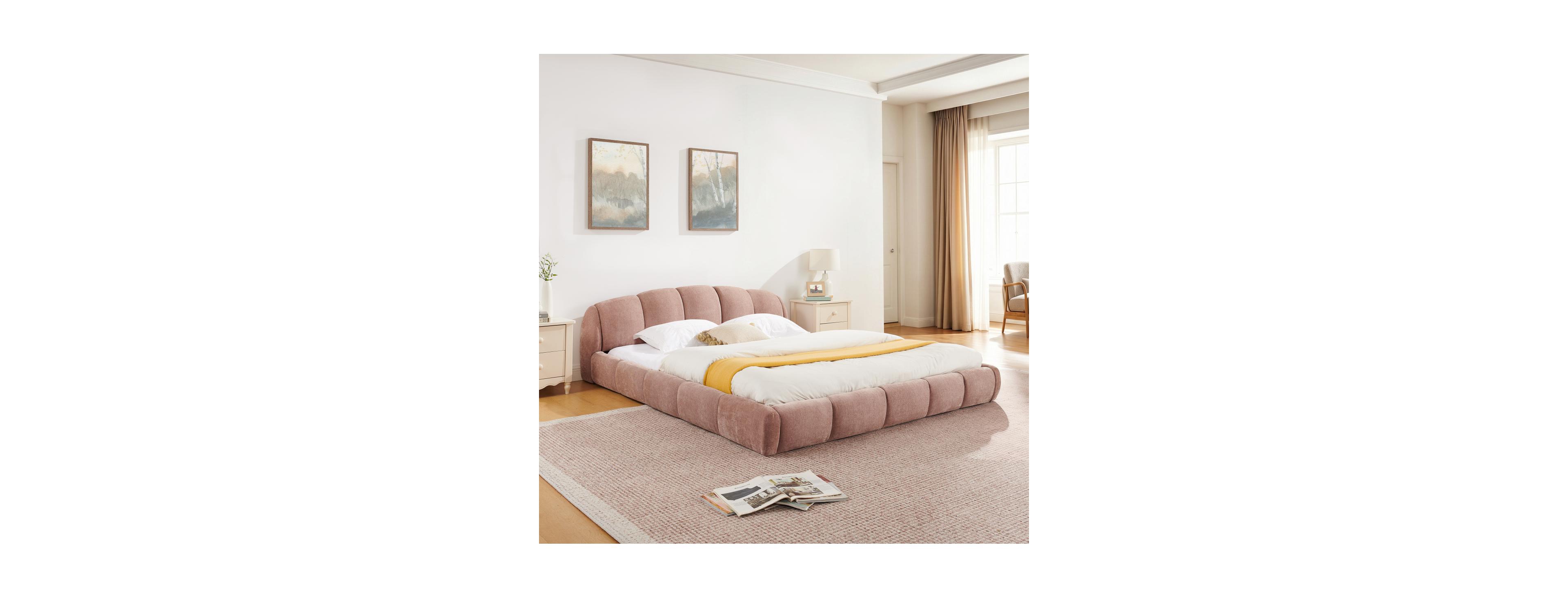 Streamdale Furniture Queen Size Chenille Upholstered Curved Platform Bed