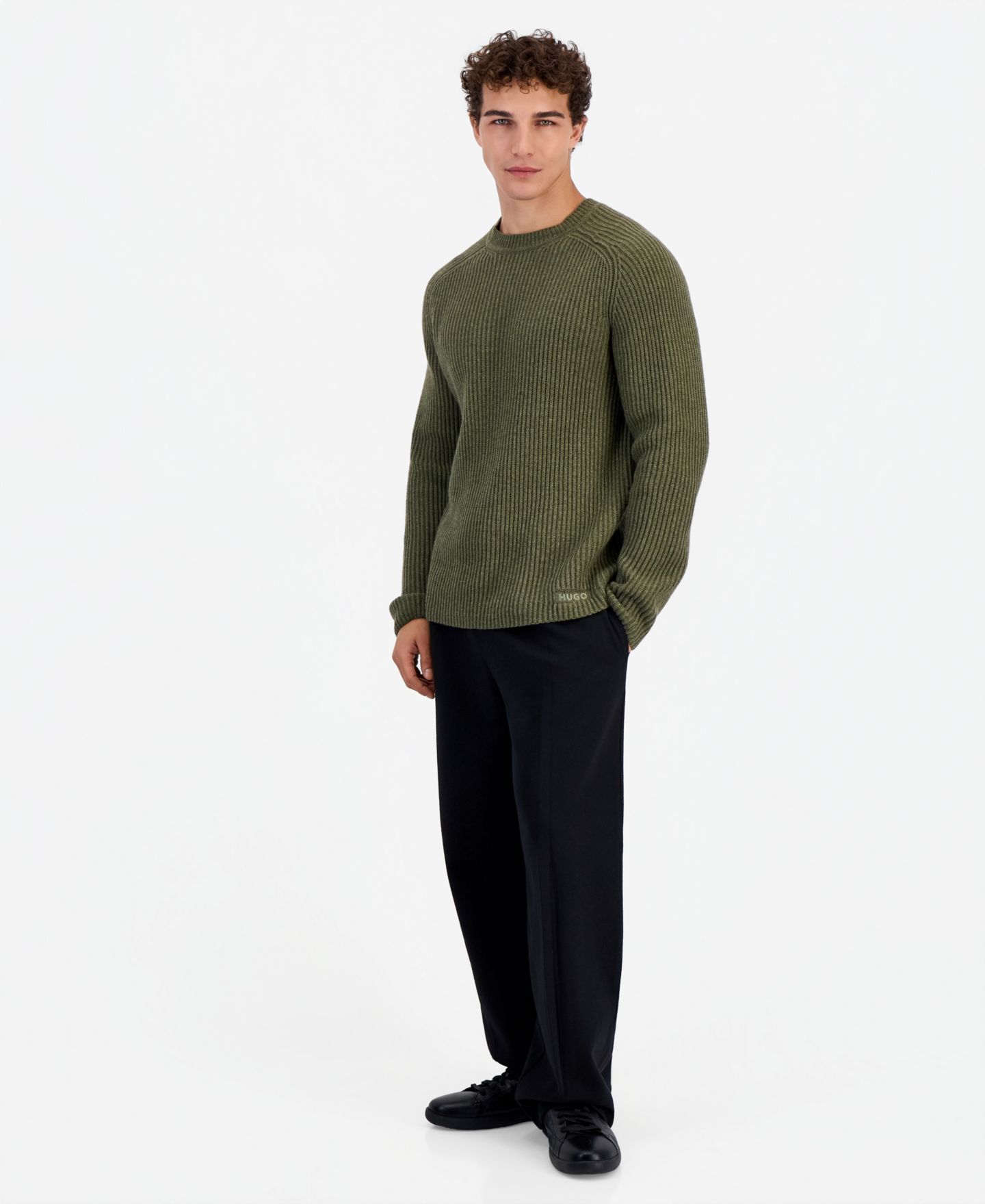 Мужской свитер Hugo Boss San Caleb Ribbed Crewneck Regular-Fit Wool-Blend, цвет: Зелёный — фото 2