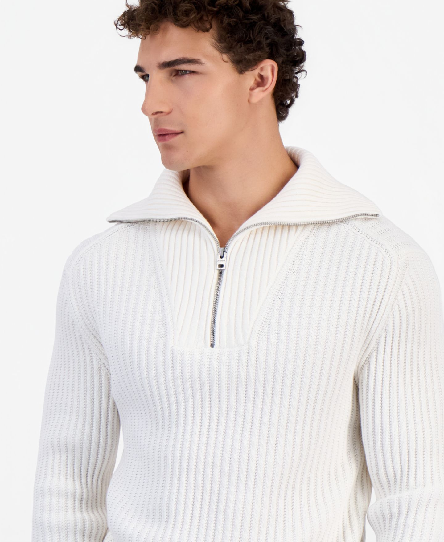 Мужской свитер Hugo Boss Srithon Half-Zip Turtleneck Relaxed-Fit, цвет: Натуральный — фото 3